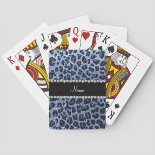 Custom name light blue glitter leopard print playing cards