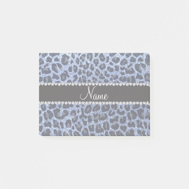 Custom name light blue glitter leopard print post-it notes (Front)