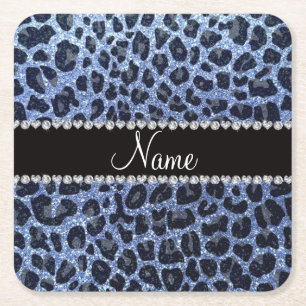 Custom name light blue glitter leopard print square paper coaster
