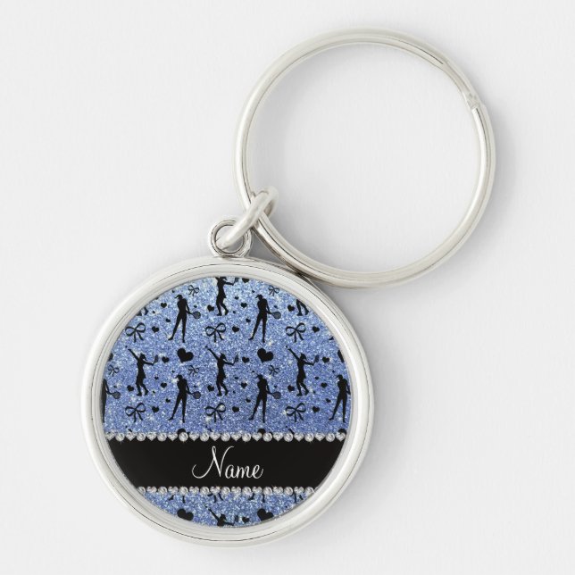 Custom name light blue glitter tennis hearts bows key ring (Front)