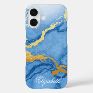 Custom Name Light Blue Marble & Gold iPhone 16 Case