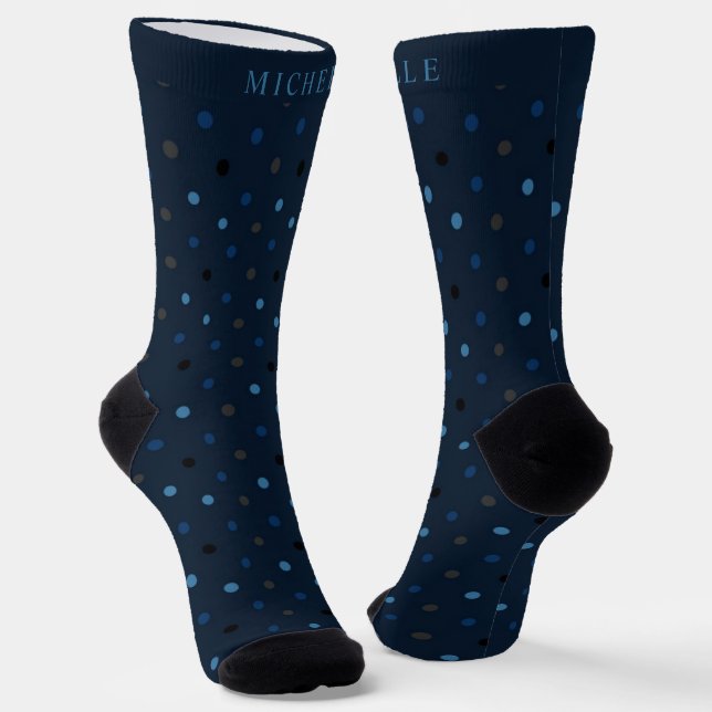 Custom Name Light Dark Teal Blue Polka Dot Socks (Angled)