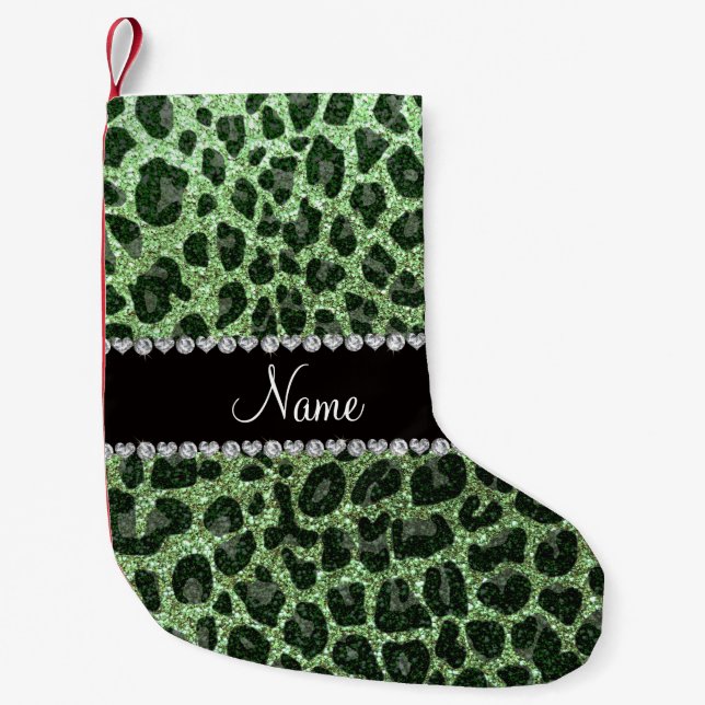 Custom name light green glitter leopard print small christmas stocking (Front)