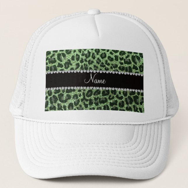 Custom name light green glitter leopard print trucker hat (Front)