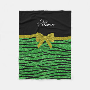 Custom name light green glitter zebra stripes bow fleece blanket