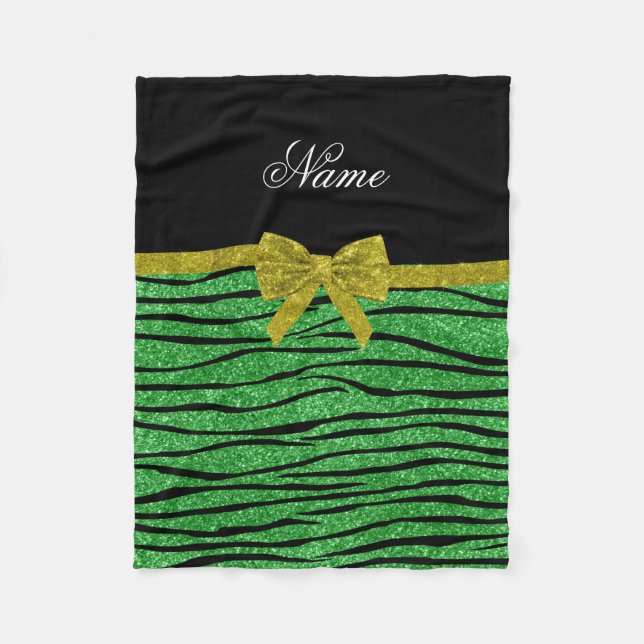 Custom name light green glitter zebra stripes bow fleece blanket (Front)