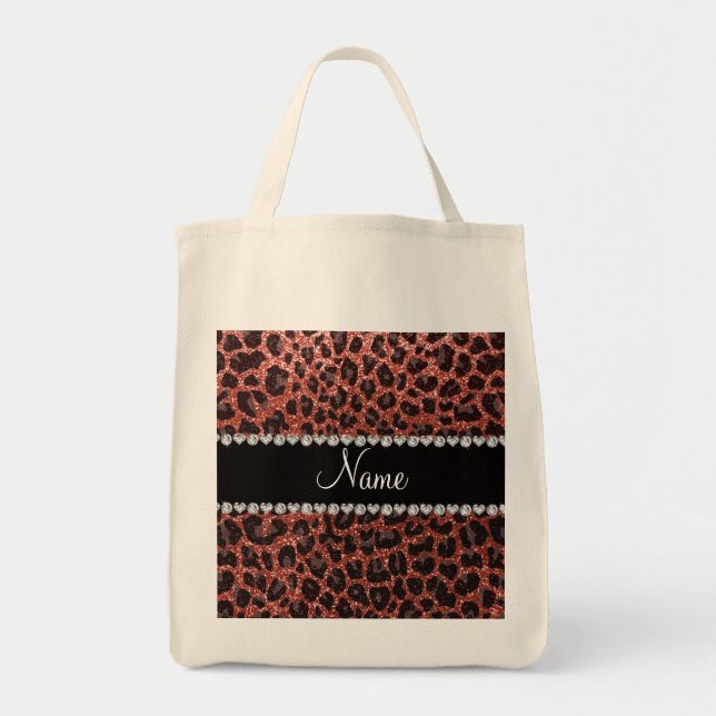 Custom name light orange glitter leopard print tote bag (Front)