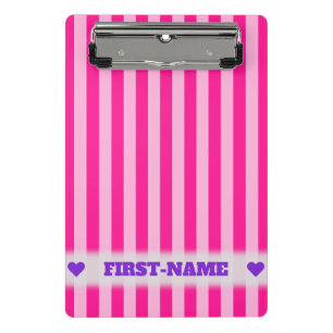 Custom Name + Light Pink & Deep Pink Stripes Mini Clipboard
