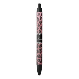 Custom name light pink glitter leopard print black ink pen