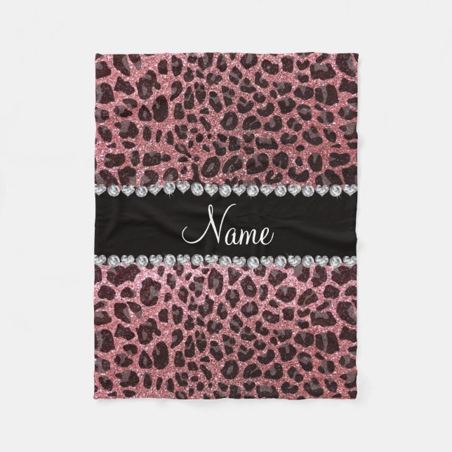 Custom name light pink glitter leopard print fleece blanket (Front)