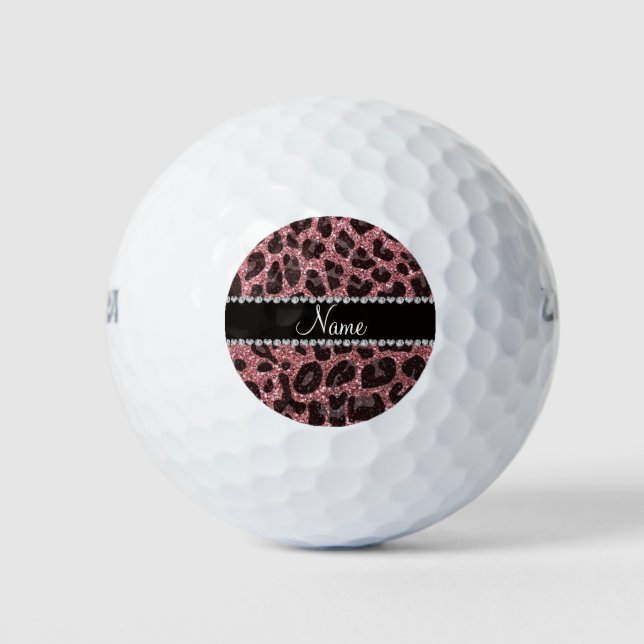 Custom name light pink glitter leopard print golf balls (Front)