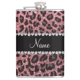Custom name light pink glitter leopard print hip flask