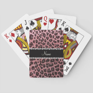 Custom name light pink glitter leopard print playing cards
