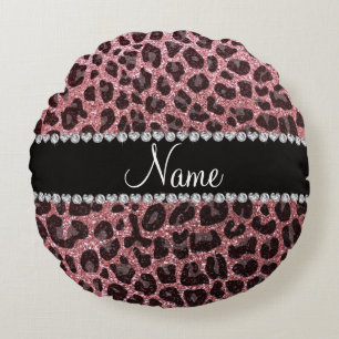 Custom name light pink glitter leopard print round cushion