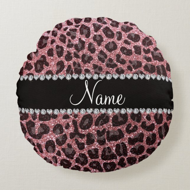 Custom name light pink glitter leopard print round cushion (Front)