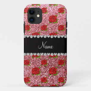 Custom name light pink glitter roses iPhone 11 case