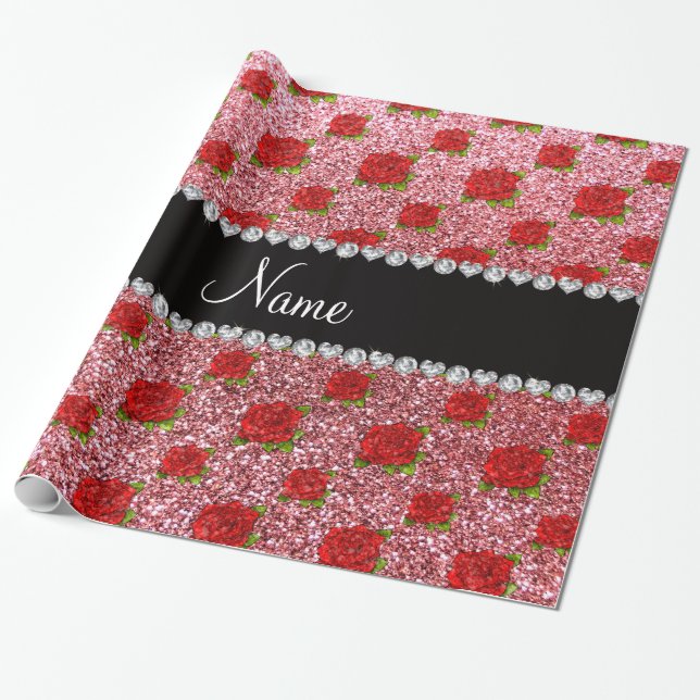 Custom name light pink glitter roses wrapping paper (Unrolled)