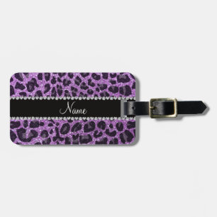Custom name light purple glitter leopard print luggage tag