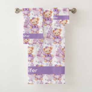 Custom Name Lilac Teddy Bear Girl's Bath Towel Set