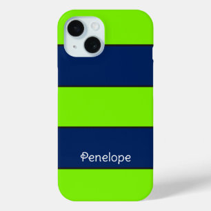 Custom Name Lime Green Dark Blue Stripes iPhone 15 Case