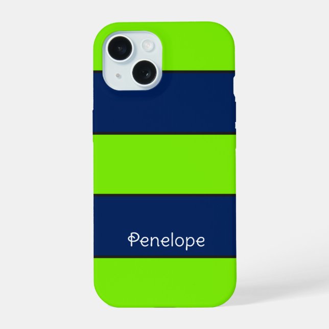 Custom Name Lime Green Dark Blue Stripes iPhone 15 Case (Back)