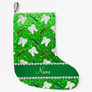 Custom name lime green glitter brushes and tooth small christmas stocking