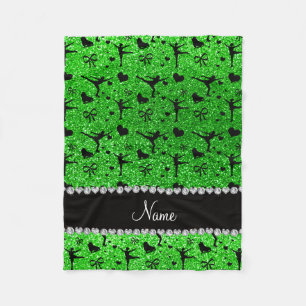 Custom name lime green glitter figure skating fleece blanket