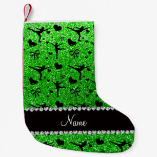 Custom name lime green glitter figure skating small christmas stocking