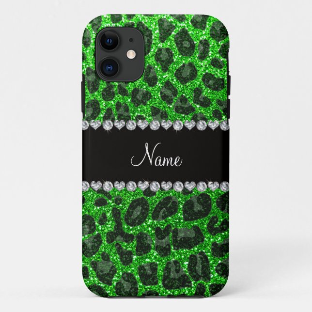 Custom name lime green glitter leopard print Case-Mate iPhone case (Back)