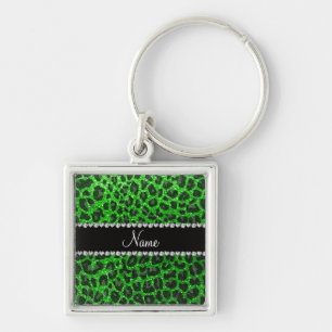 Custom name lime green glitter leopard print key ring