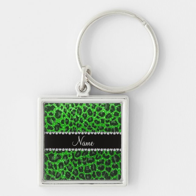 Custom name lime green glitter leopard print key ring (Front)