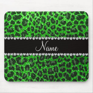 Custom name lime green glitter leopard print mouse mat