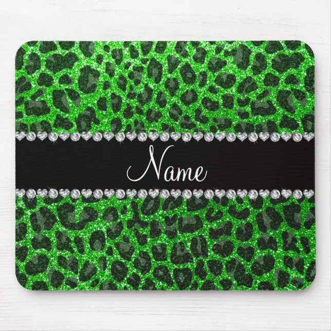 Custom name lime green glitter leopard print mouse mat (Front)