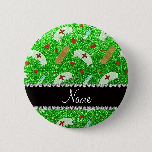Custom name lime green glitter nurse hats heart 6 cm round badge (Front)