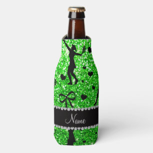 Custom name lime green glitter tennis hearts bows bottle cooler