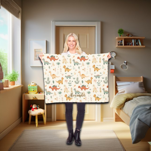 Custom Name Little Dinosaurs Beige Neutral Tones Fleece Blanket (Creator Uploaded)
