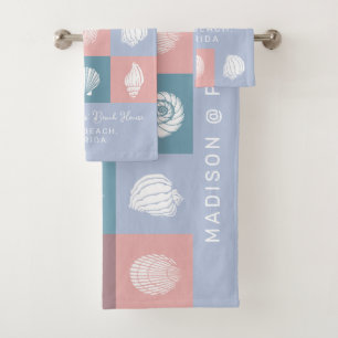 Custom Name & Location Seashells Pattern Bath Towel Set