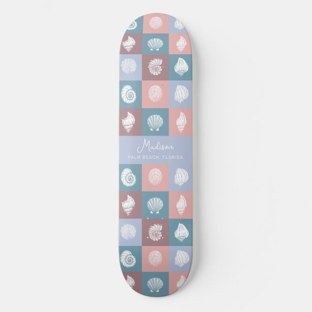 Custom Name & Location Seashells Pattern Skateboard (Front)