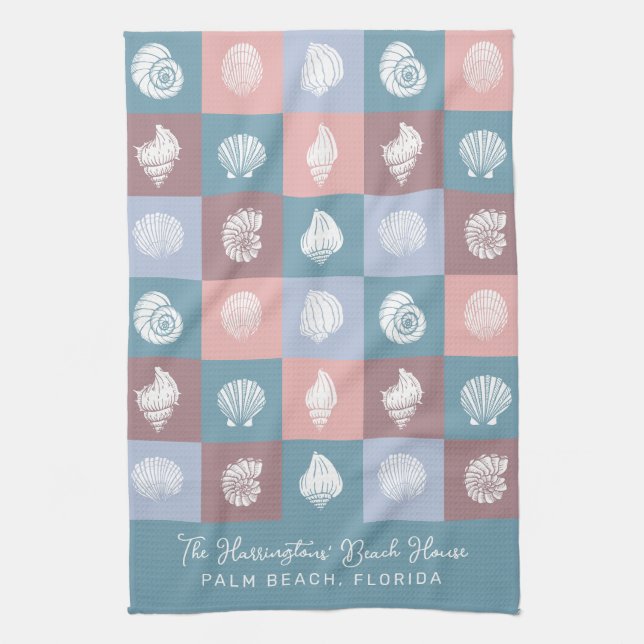 Custom Name & Location Seashells Pattern Tea Towel (Vertical)