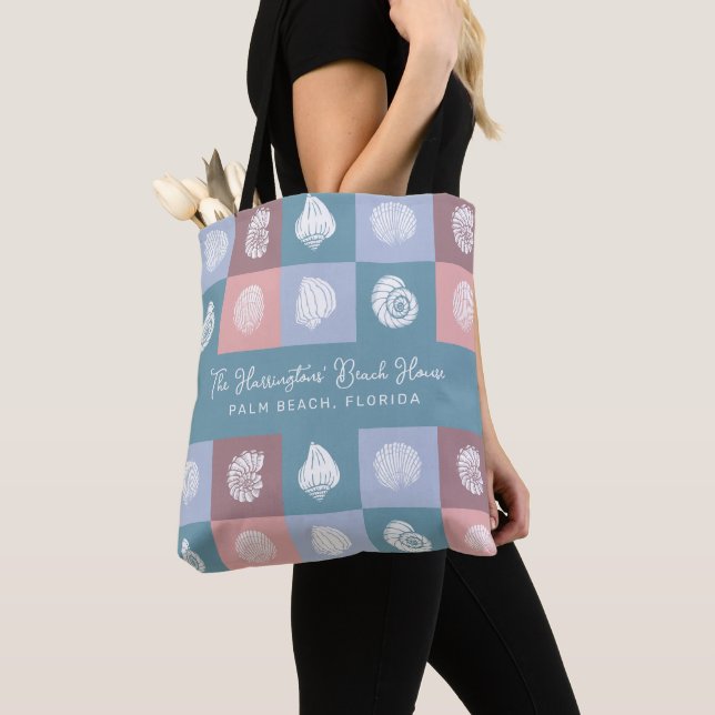 Custom Name & Location Seashells Pattern Tote Bag (Close Up)