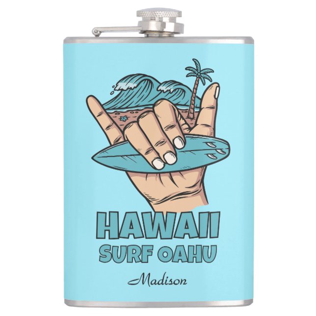 Custom Name & Location Surf Shaka Hip Flask (Front)