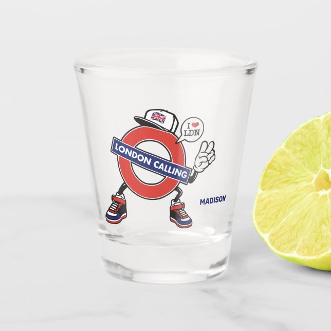 Custom Name London Calling Shot Glass (Front)
