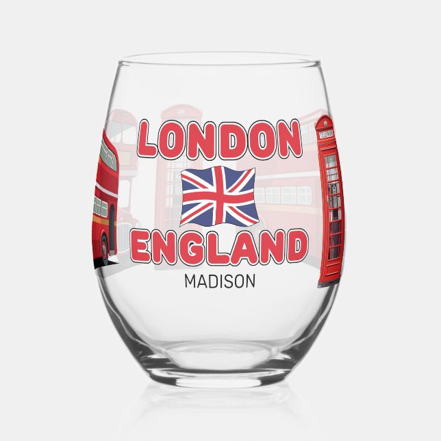 Custom Name London England Stemless Wine Glass (Left)