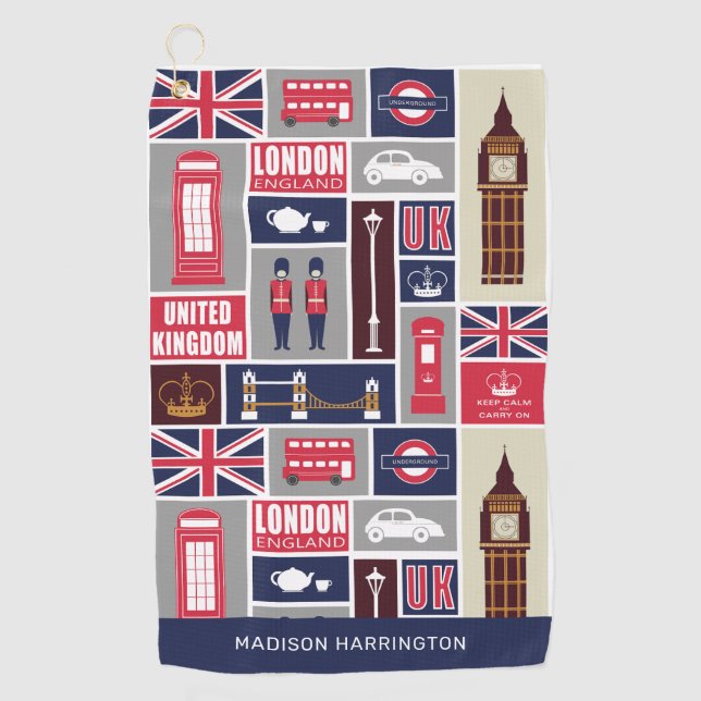 Custom Name London UK Icons Golf Towel (Front)