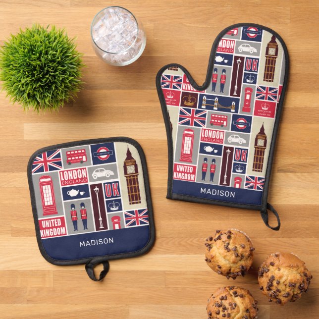 Custom Name London UK Icons Oven Mitt & Pot Holder Set (Top Down)