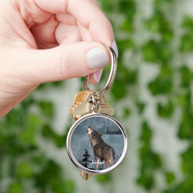 Custom Name Lone Wolf Howling Watercolor Key Ring (Hand)