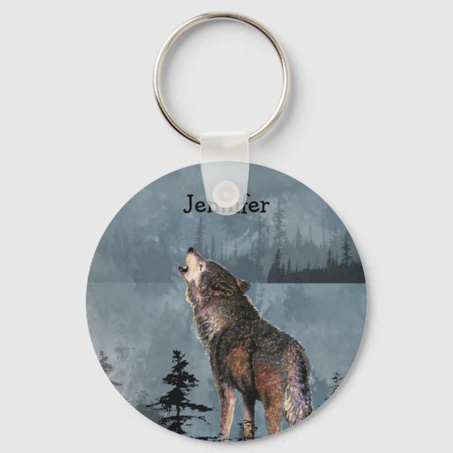 Custom Name Lonely Wolf Howling across Lake Key Ring (Front)