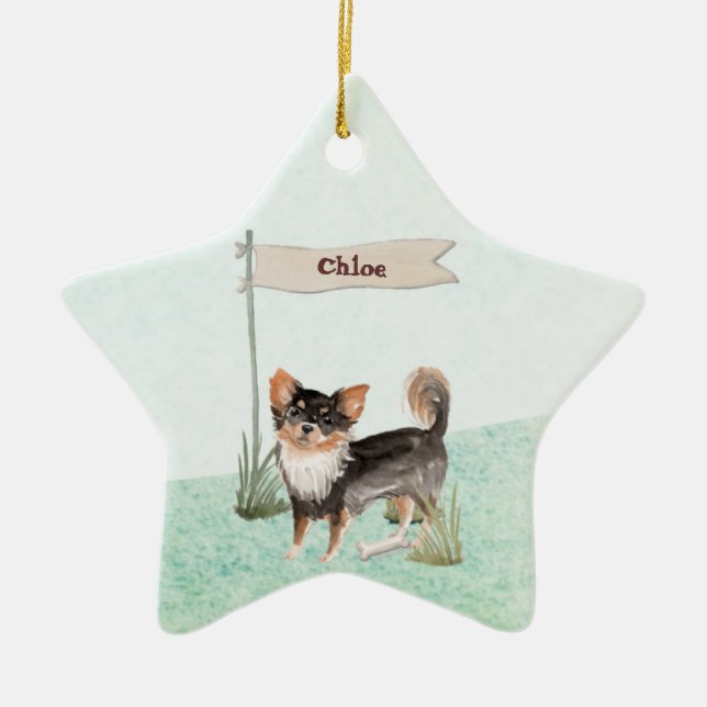 Custom Name Long Haired Chihuahua Pet Dog Ceramic Tree Decoration (Front)