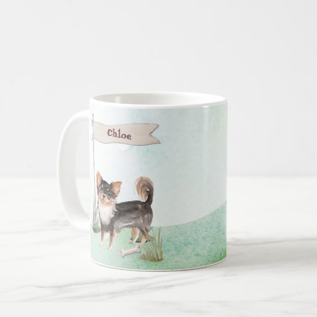 Custom Name Long Haired Chihuahua Pet Dog Coffee Mug (Front Left)