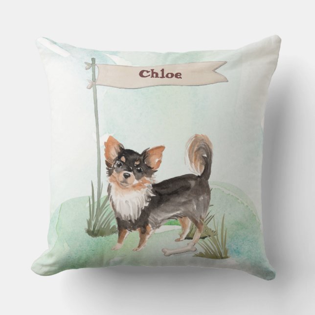 Custom Name Long Haired Chihuahua Pet Dog Cushion (Front)
